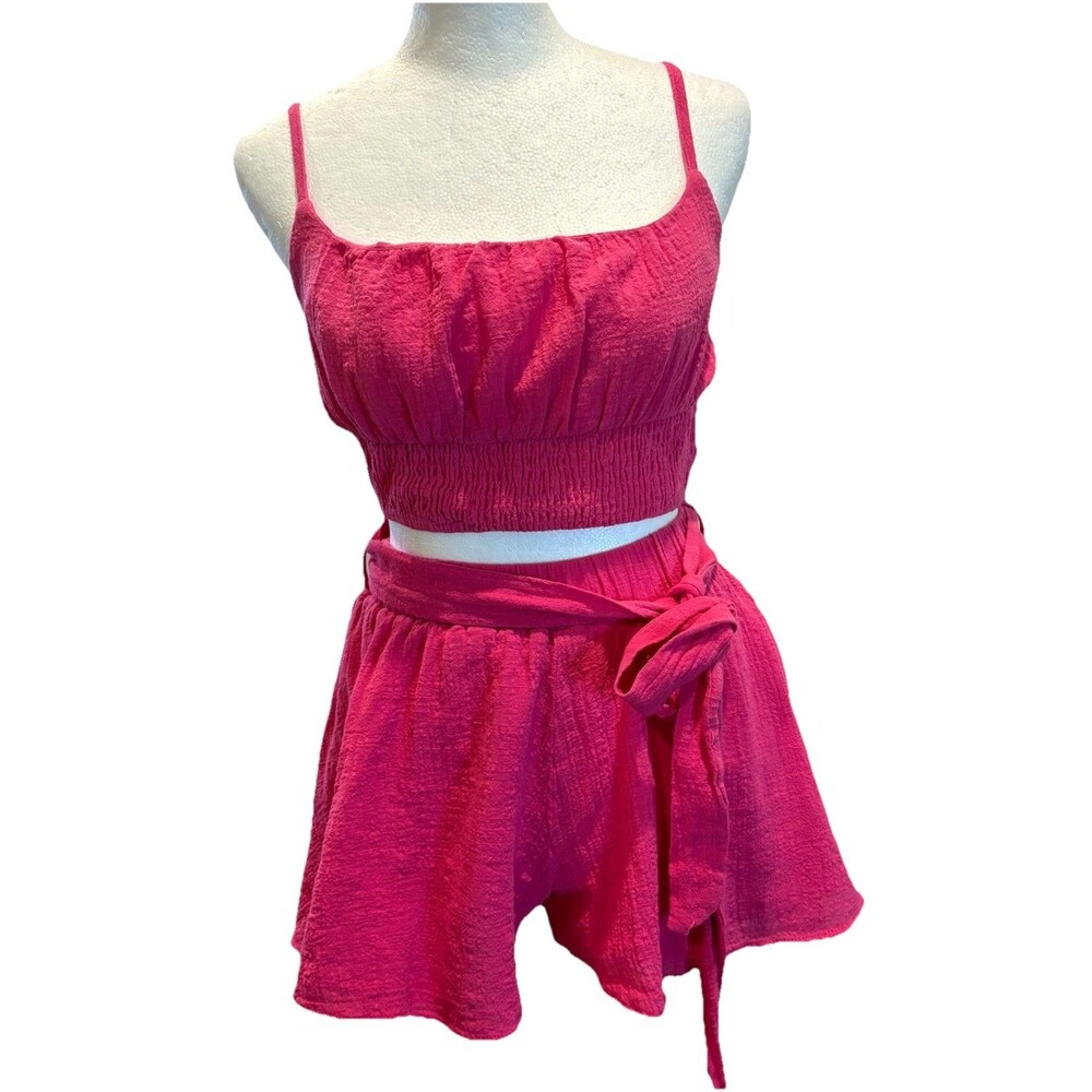 HYFVE Spaghetti Strap Smocked Top/Short Set Bubblegum Pink Small - Picture 3 of 7